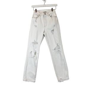 Free People Straight Leg CRVY High Rise Distressed Jeans Womens 27 Ivory